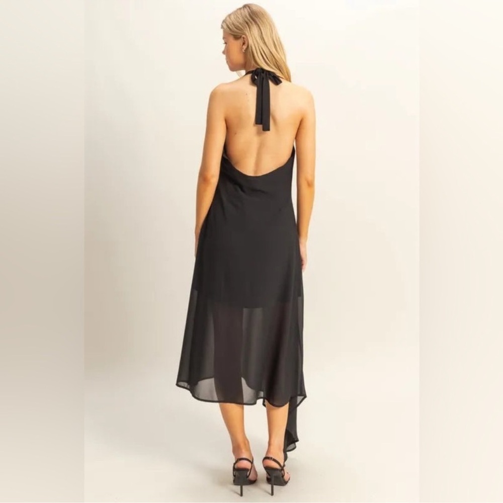Black Halter Rosette Asymmetrical Dress - Picture 5 of 10